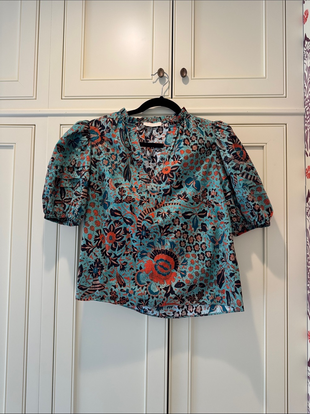 Ulla Johnson Teal Floral Puff-Sleeve Blouse with Coral Accents